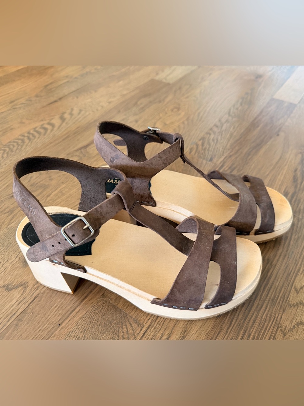 Swedish Hasbeens Brown Nubuck Strappy Block-Heel Sandals
